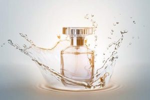 Bottle of perfume with splash on light background Bottle of perfume with splash on light background